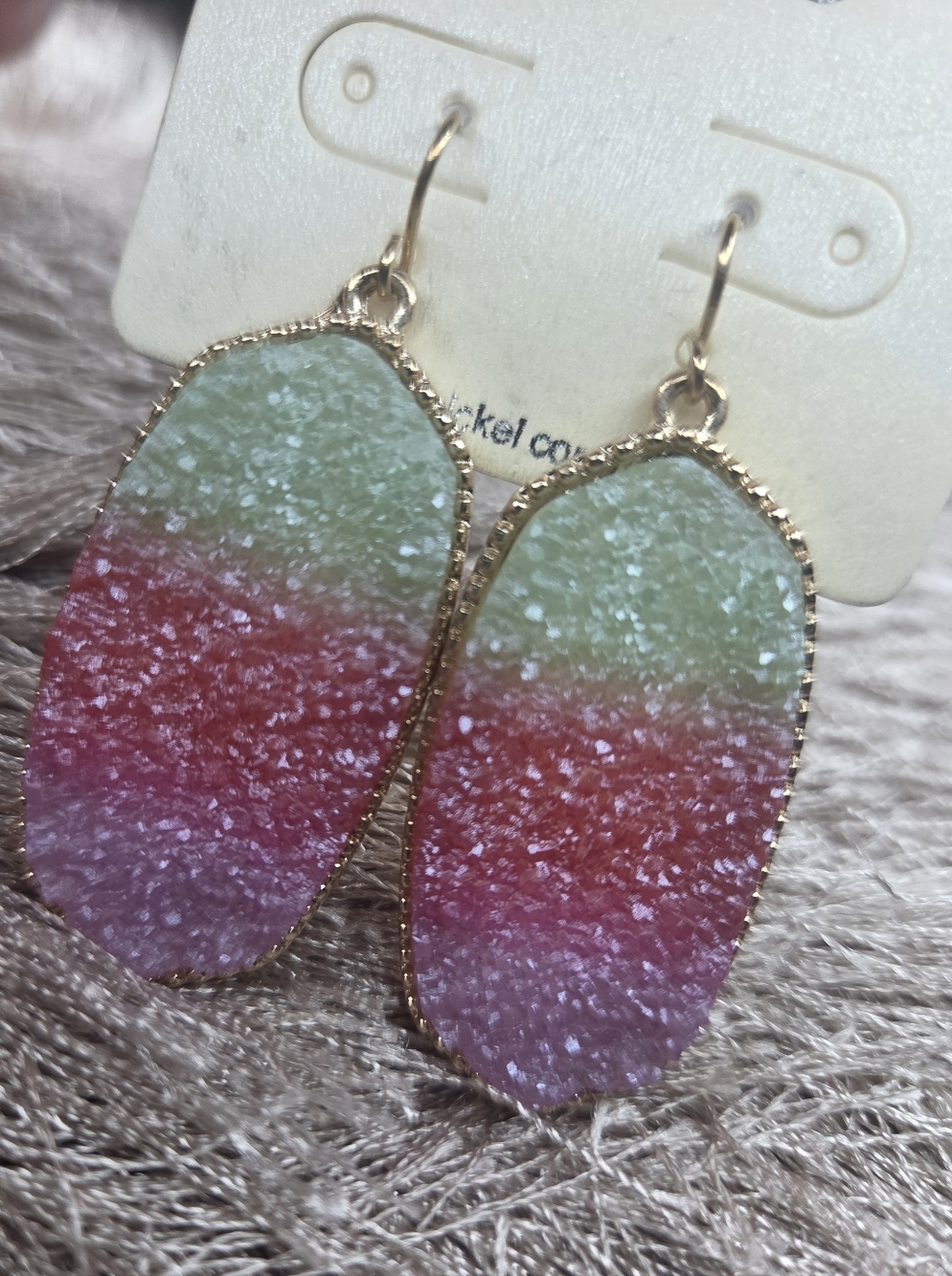 Gold-Edged Gradient Druzy Drop Earrings - Pink/Green Ombre